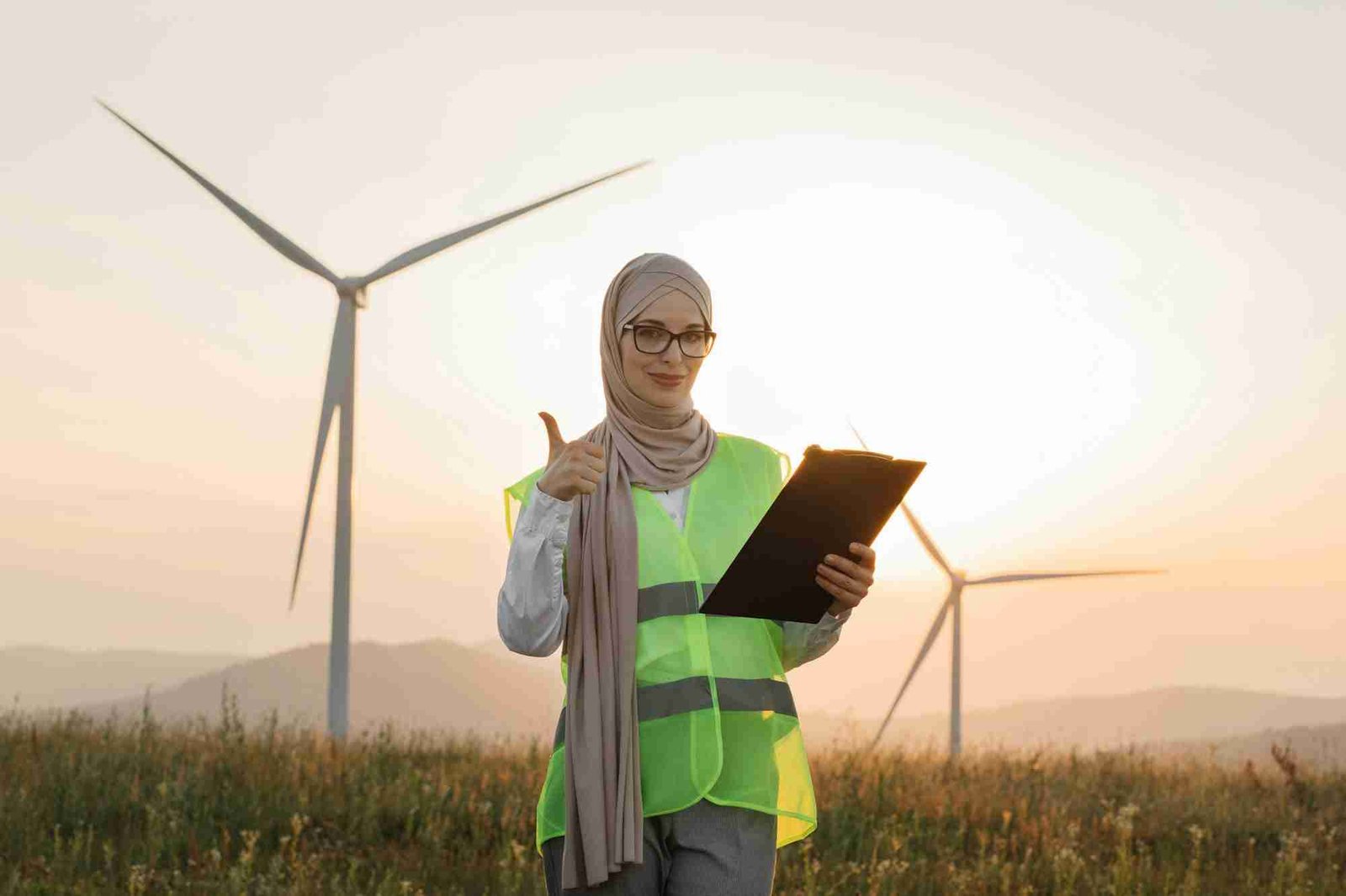 Woman in hijab standing on windmill farm with clipboard